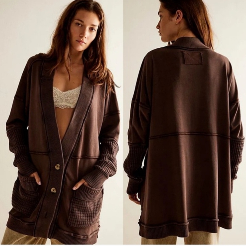 Free People Brooklyn Oversized Chocolate Brown Button Cardigan